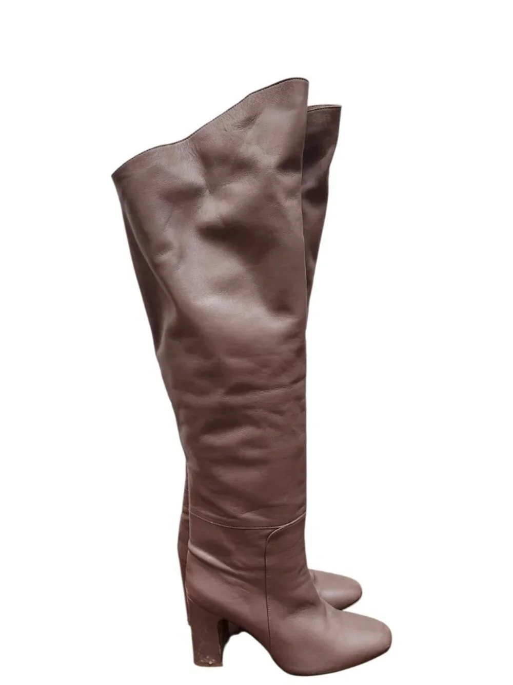 Stuart Weitzman Brown Leather Suede Cuff Knee High Boots Block Heel Size 9 Spain